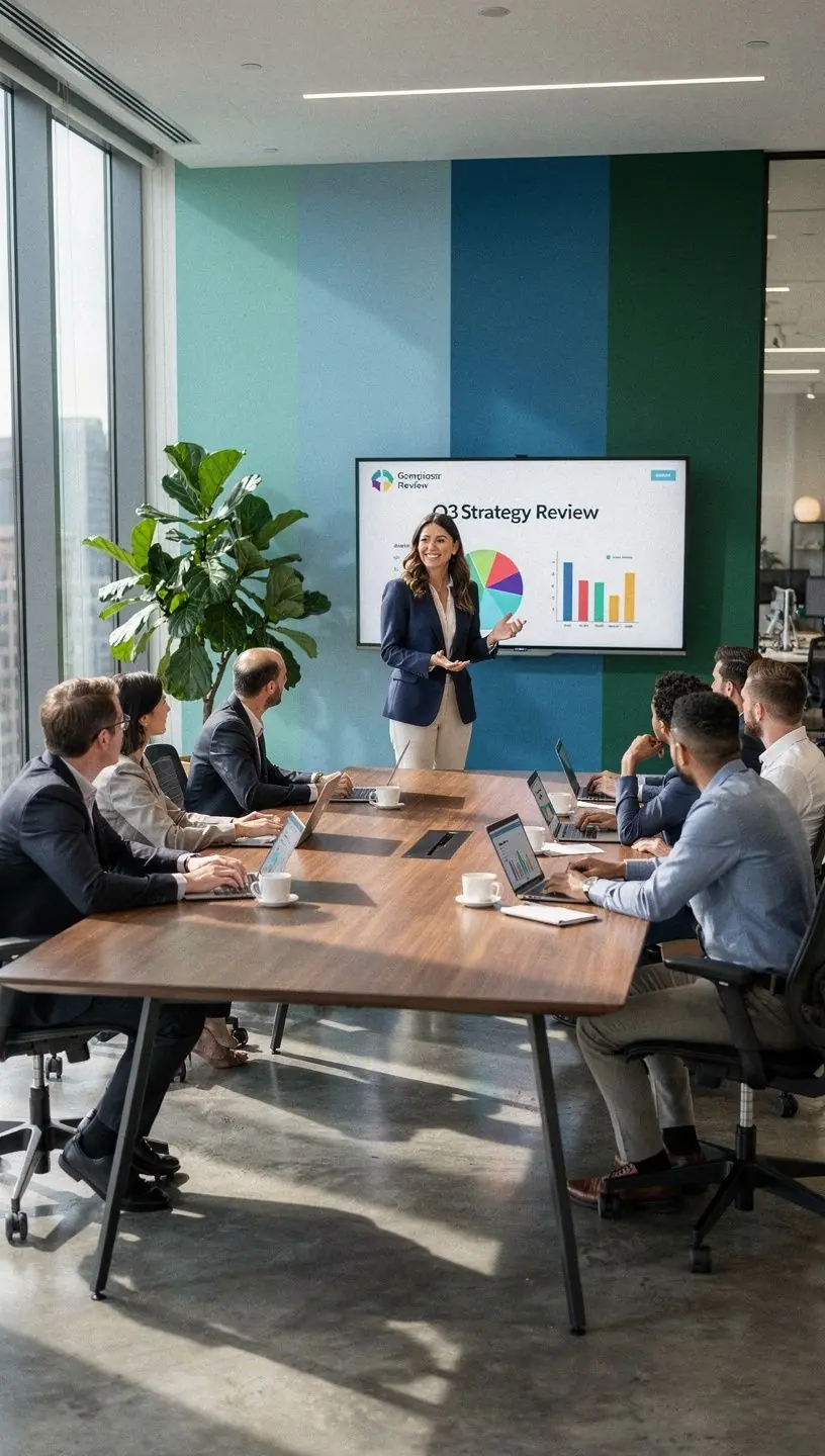 Эстетически оформленный конференц-зал с гармоничным сочетанием материалов и цветов.