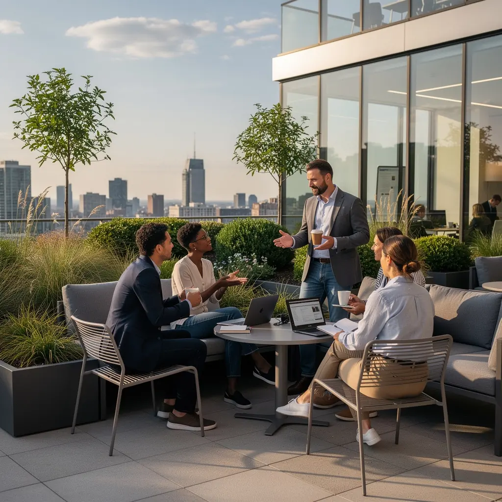 Современный офис с открытой планировкой и яркими акцентами цвета бренда.